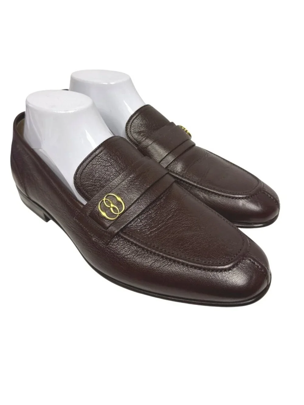 Bally Suisse Men's Brown Pebbled Calf Leather Loafers Gold Logo Size 8 NEW